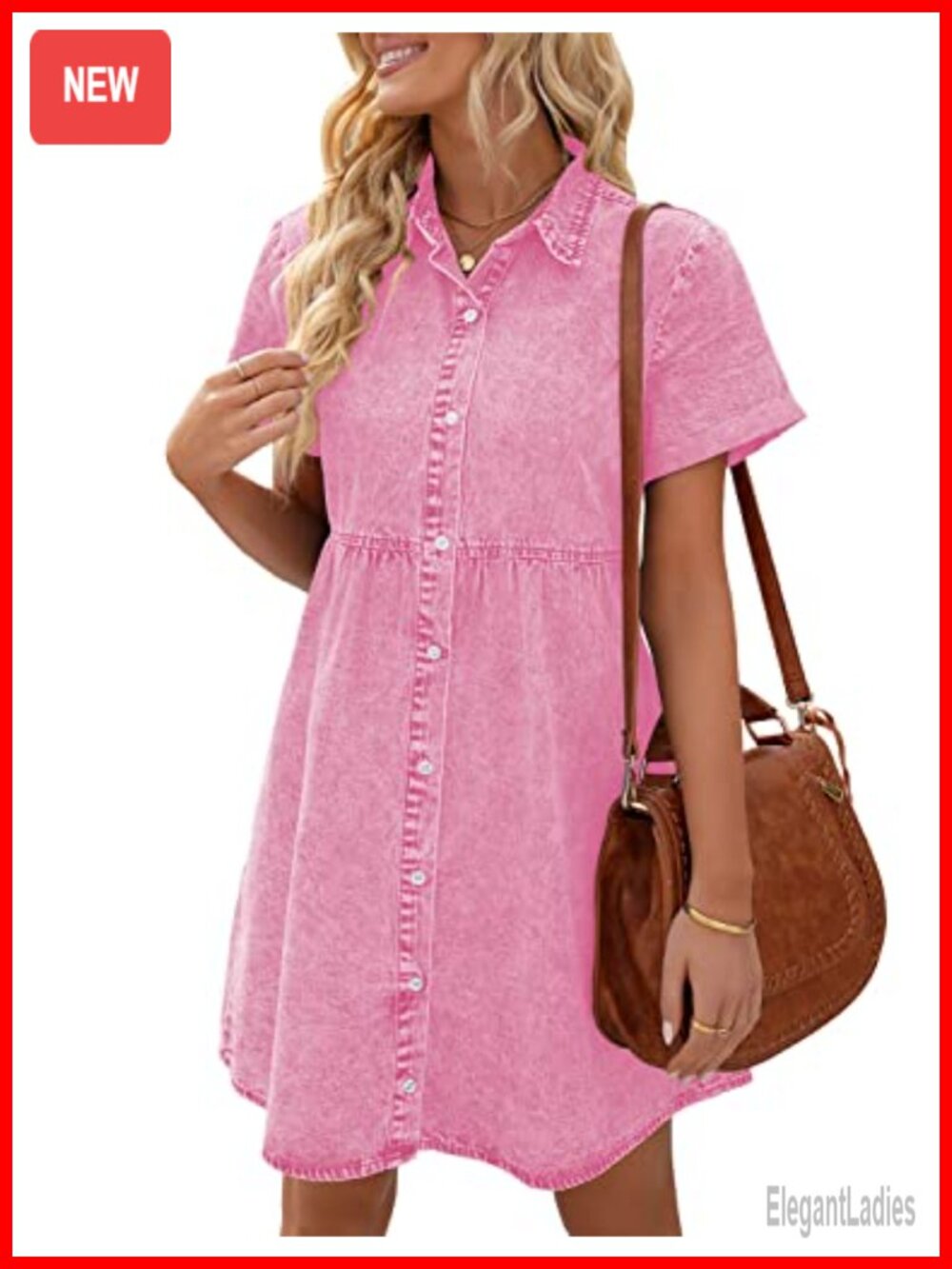 Denim Babydoll Dress Short Sleeve Flowy High Waist Button Down Casual